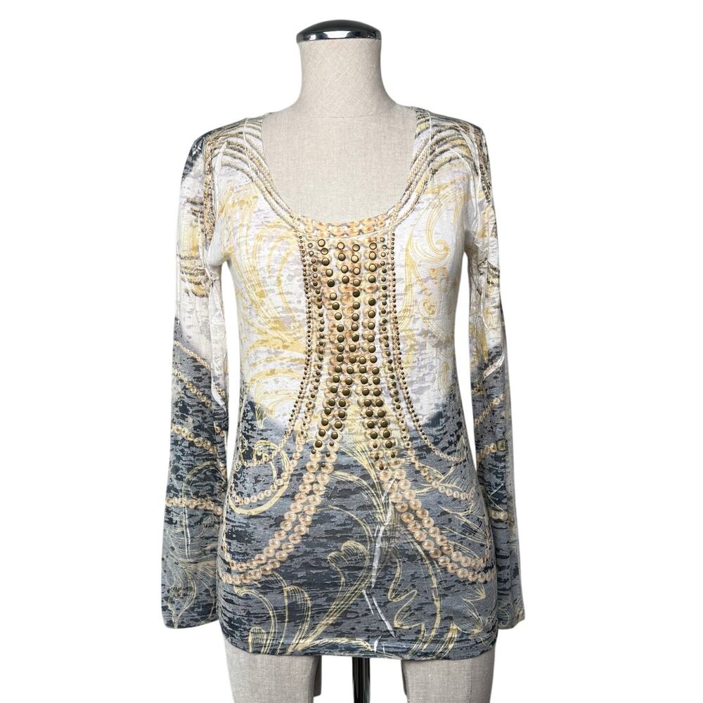 Caché Y2K Burnout Knit Embellished T-Shirt Studded Stretch Distressed